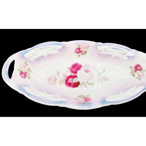 Lusterware Relish Tray Handles Rose Floral Porcelain Dish Vintage German 9.5" - Picture 4 of 15